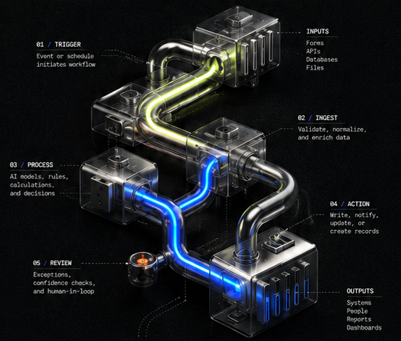 An engineered workflow apparatus connecting triggers, processing, review, and outputs
